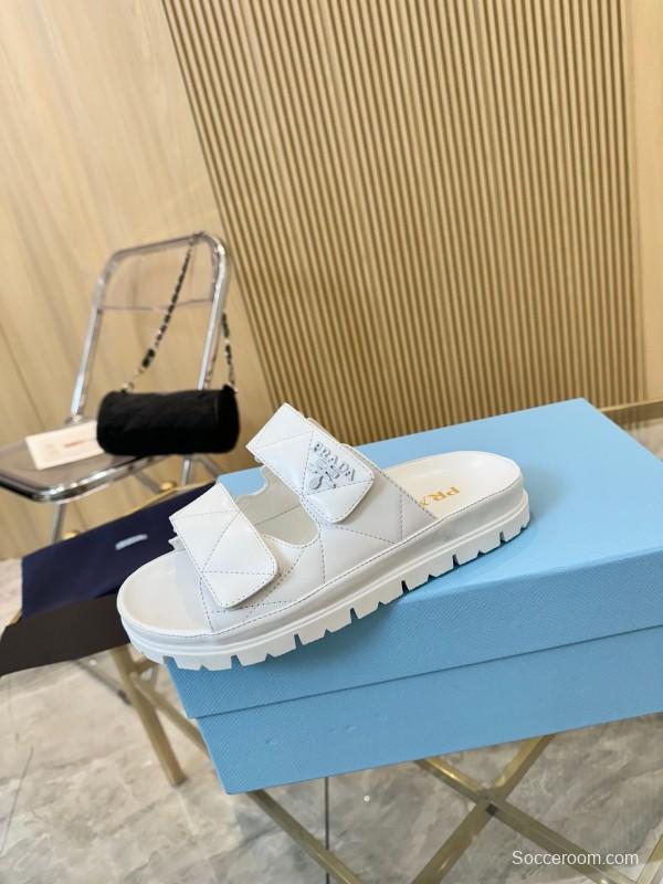 2025 Women Prada White Leather Slippers LY00270