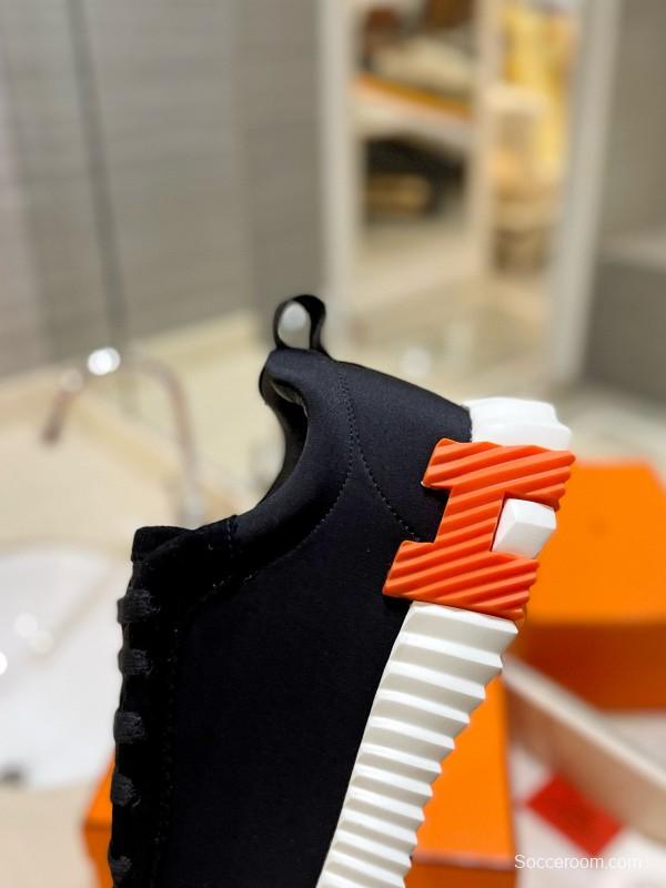 2024 Unisex Hermès Black Orange Glossy Calfskin Nylon Sneakers MJ00320