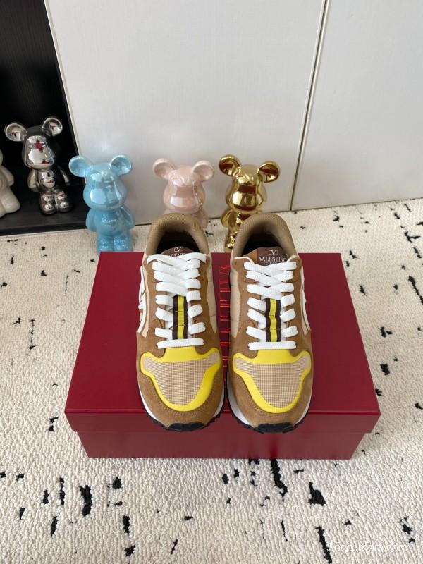 2025 Unisex Valentino Beige Brown Yellow Suede Silk Cow Leather Sneakers LY00340