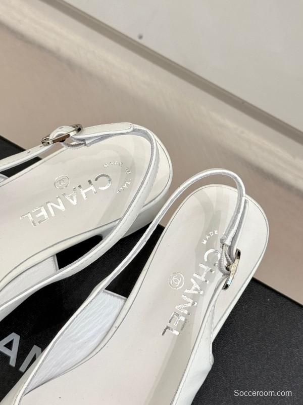 2025 Women Chanel White Black Leather Slingback Heels