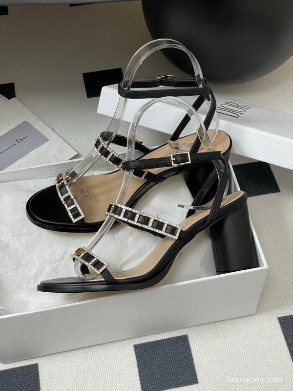 2025 Women Dior Black Leather Crystal Embellished High Heel Sandals