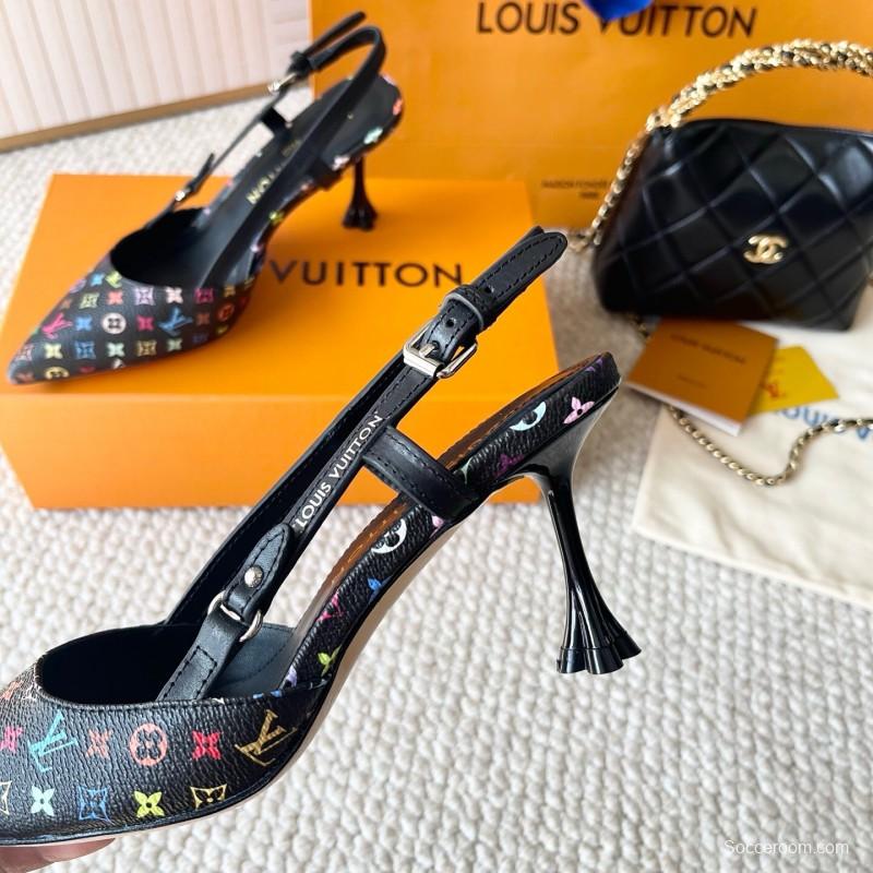 2025 Women Louis Vuitton Black Multicolor Canvas Leather Slingback Heels