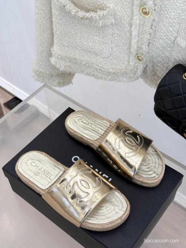 2025 Women Chanel Gold Leather Slippers