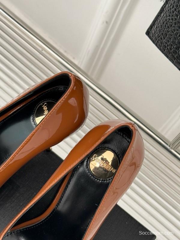 2024 Women Yves Saint Laurent Brown Patent Leather High Heels Metal Tip MJ00330
