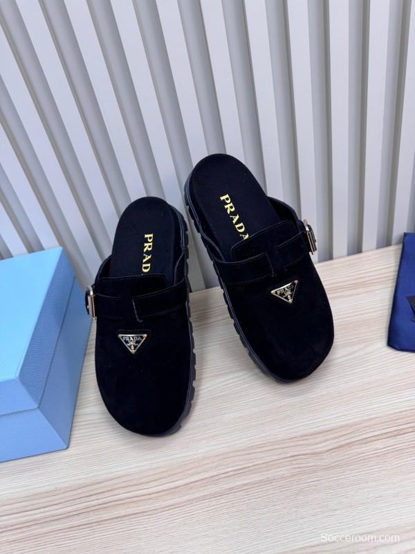 2025 Slippers Prada Black Suede Slippers LY00280