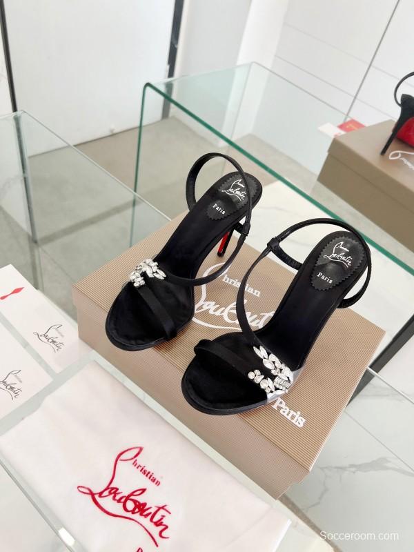 2025 Women ChristianLouboutin Black Satin High Heel Sandals Crystal Embellishment LY00300