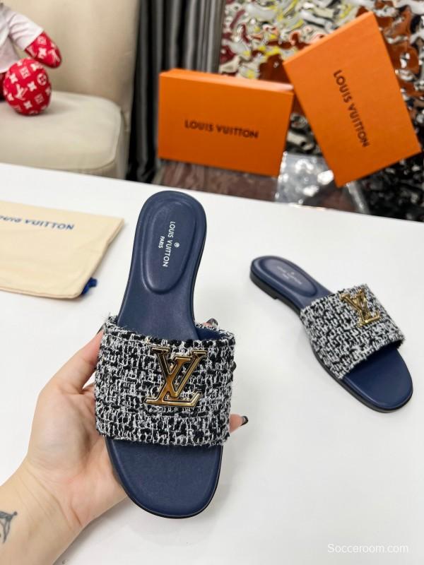 2025 Women Louis Vuitton Navy Tweed Leather Slippers LY00210