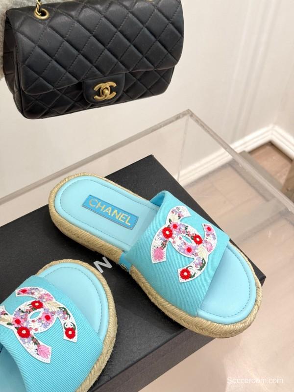 2025 Slippers Chanel Light Blue Fabric Women Embroidered Floral CC Logo KFY00230