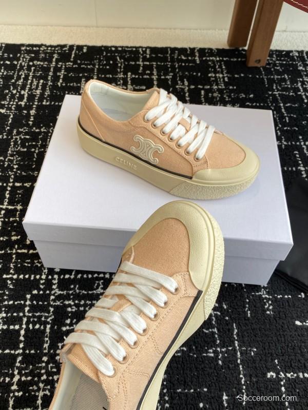 2025 Women Celine Beige Canvas Leather Platform Sneakers