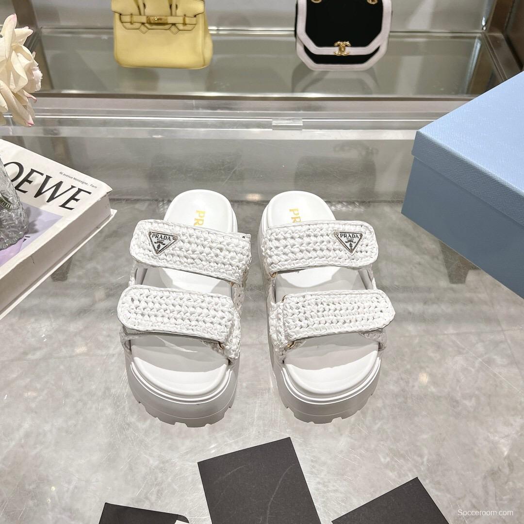 2025 Women Prada White Knit Leather Slippers