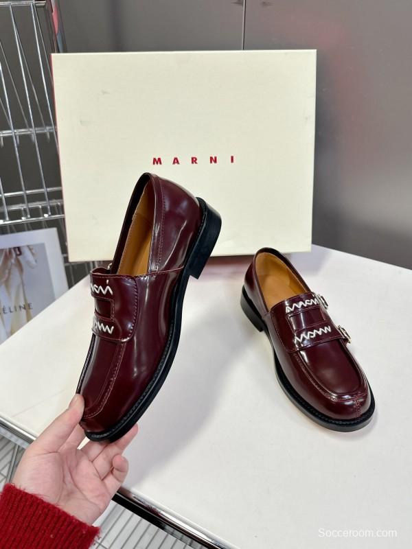 2025 Women Marni Burgundy Leather Loafers KFY00320