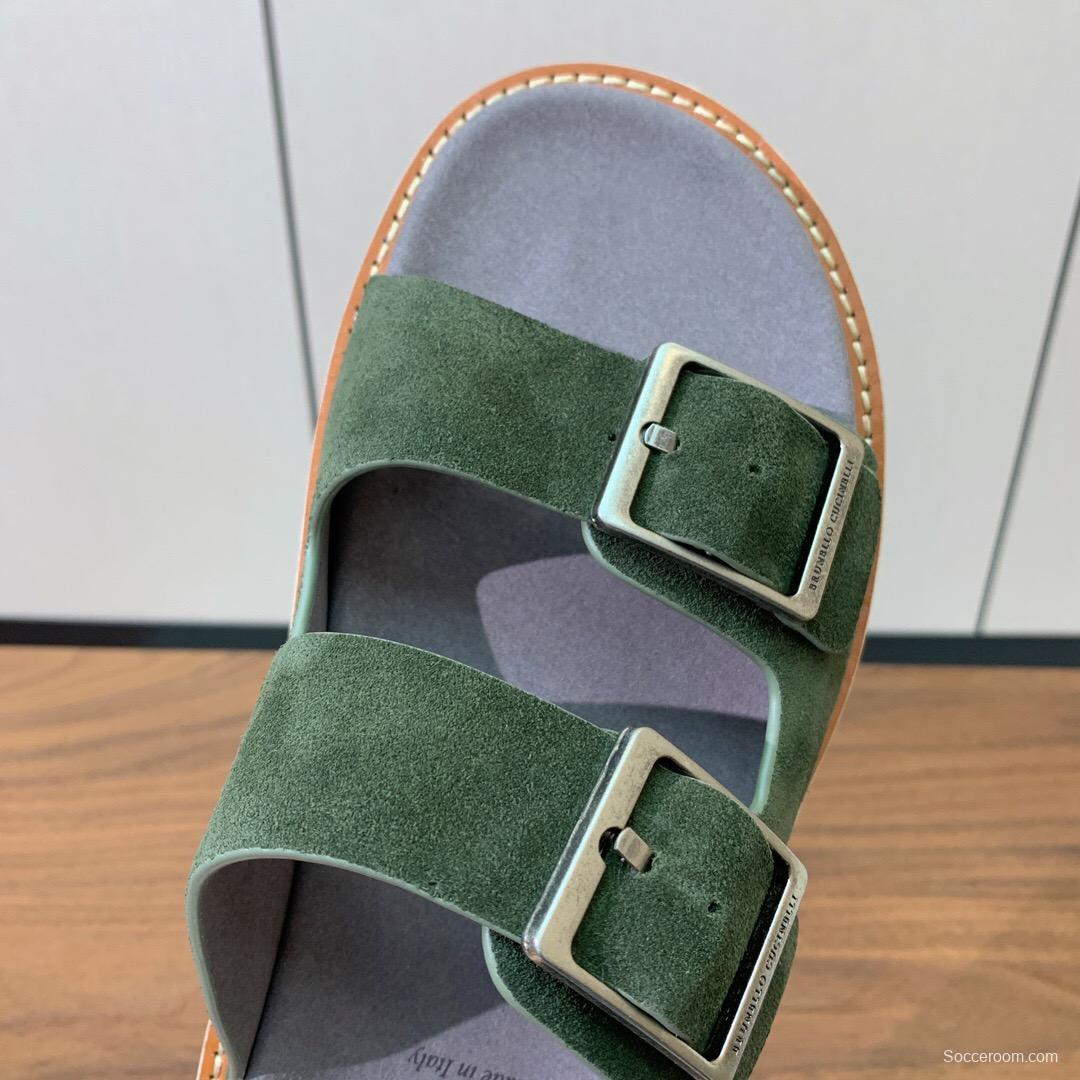 2025 Unisex Brunello Cucinelli Green Suede Leather Slippers KFY00250
