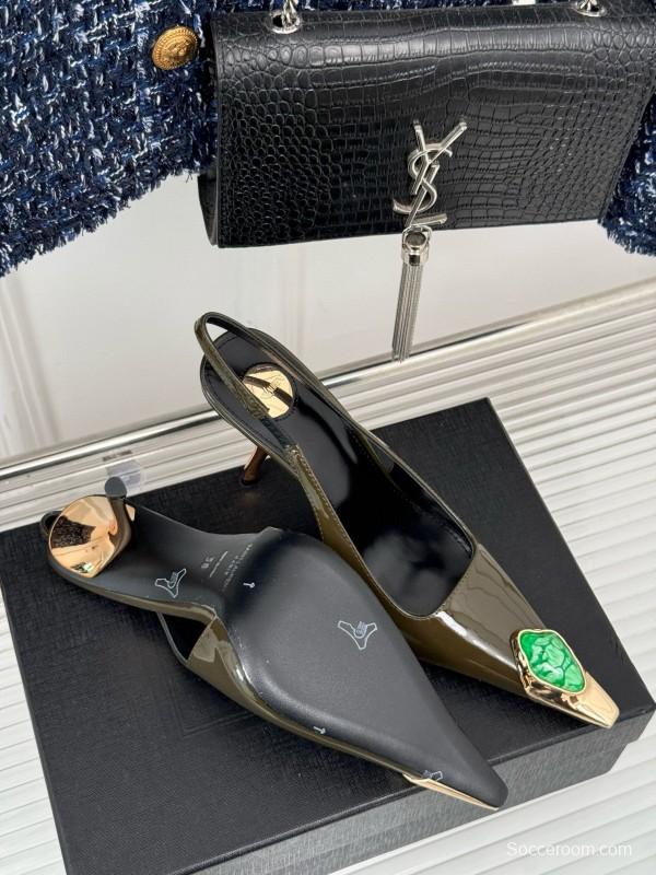 2024 Women Yves Saint Laurent Olive Green Gold Calf Leather Slingback Gemstone High Heels MJ00330