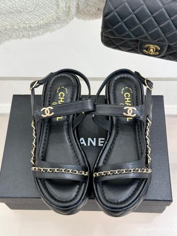 2025 Women Chanel Black Lambskin Platform Sandals Chain KFY00270
