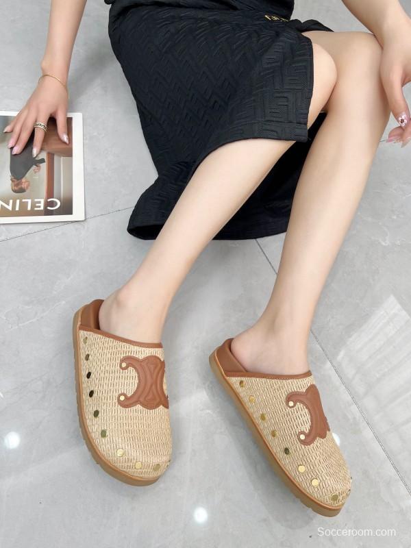 2025 CELINE Beige Leather Raffia Slippers LY00240
