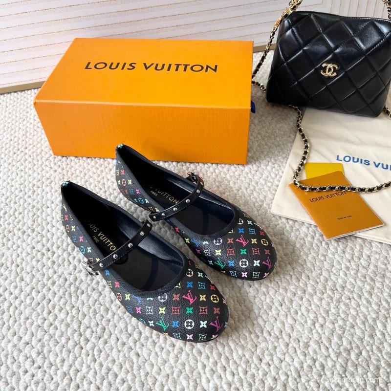 2025 Women Louis Vuitton Black Multicolor Leather Ballet Flats KFY00300