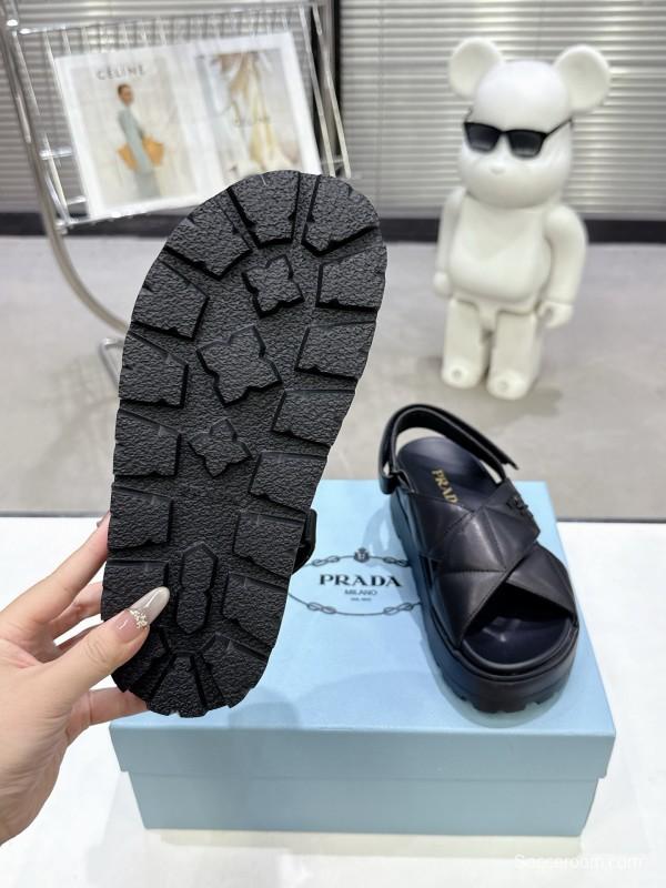 2025 Women Prada Black Leather Sandals