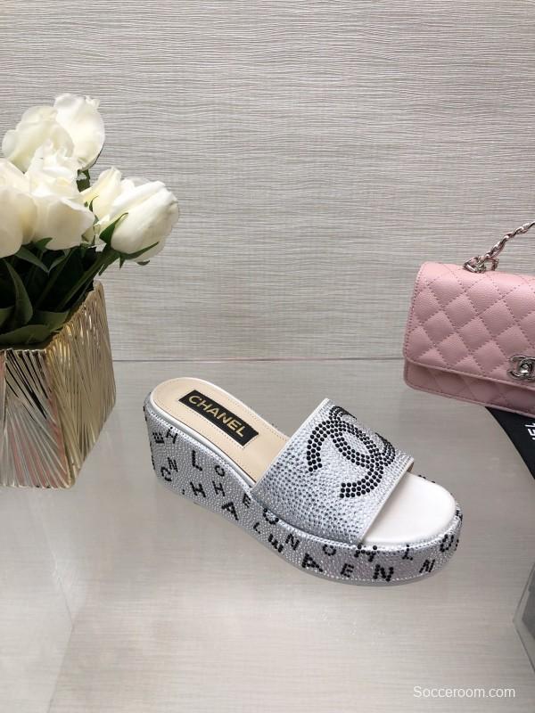 2025 Slippers Chanel White Rhinestone Platform Slide LY00330