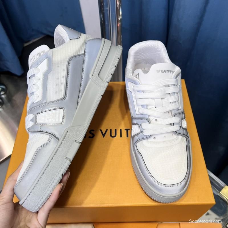 2025 Unisex Louis Vuitton White Light Grey Mesh Leather Trainer