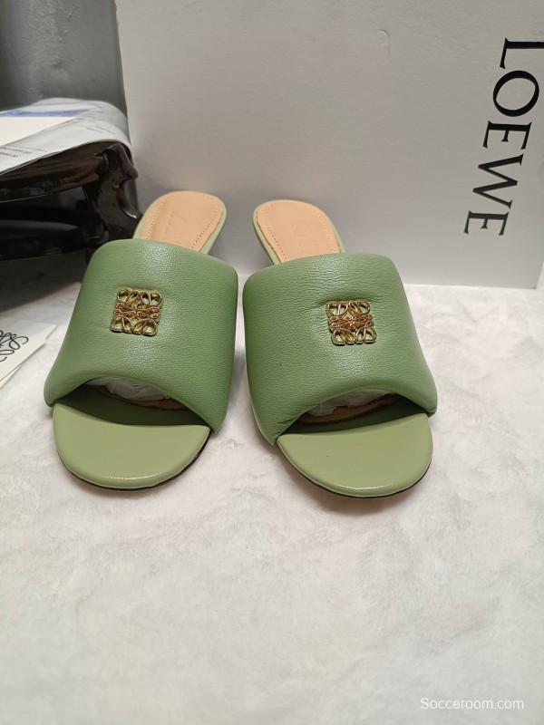 2025 Women Loewe Green Leather Slippers