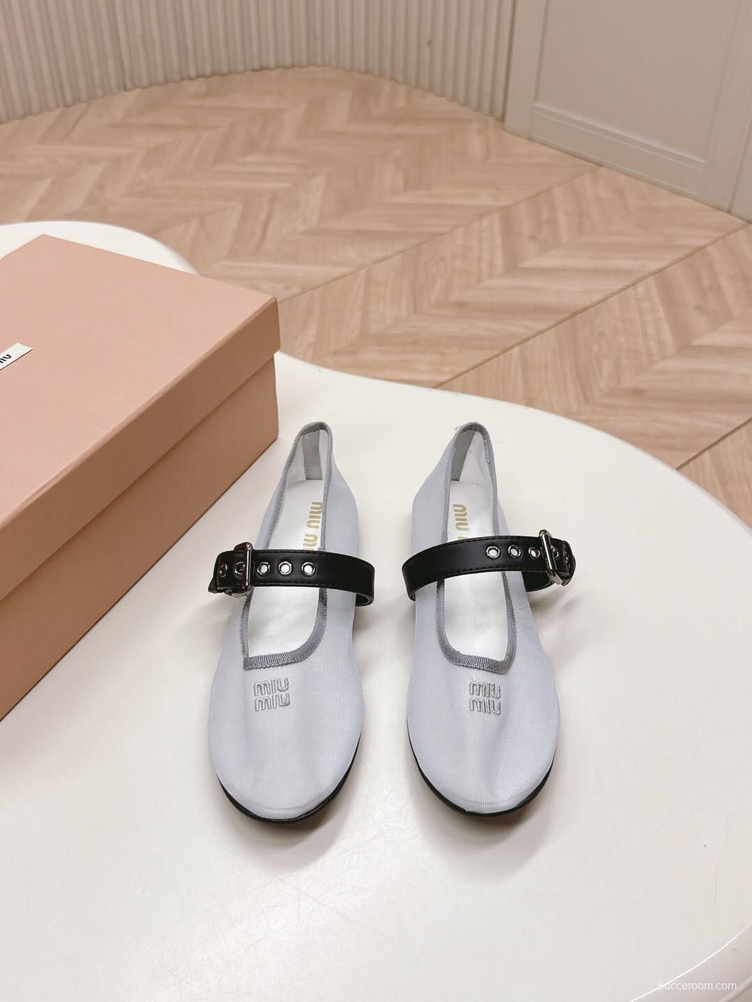2025 Women Miu Miu White Black Mesh Leather Ballet Flats LY00230