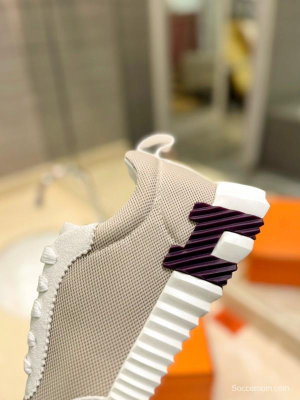 2024 Women Hermès White Beige Mesh Leather Sneakers MJ00320