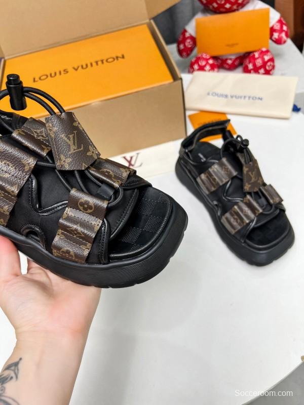 2025 Women Louis Vuitton Black Brown Canvas Leather Sandals LY00310
