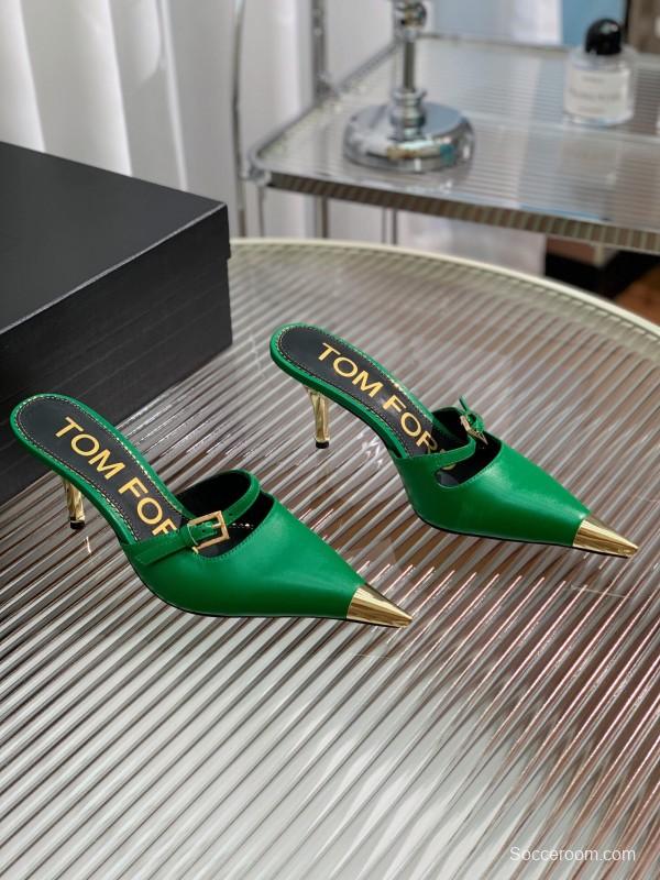 2025 Women TOM FORD Green Gold Leather Pointed Toe Mules KFY00300