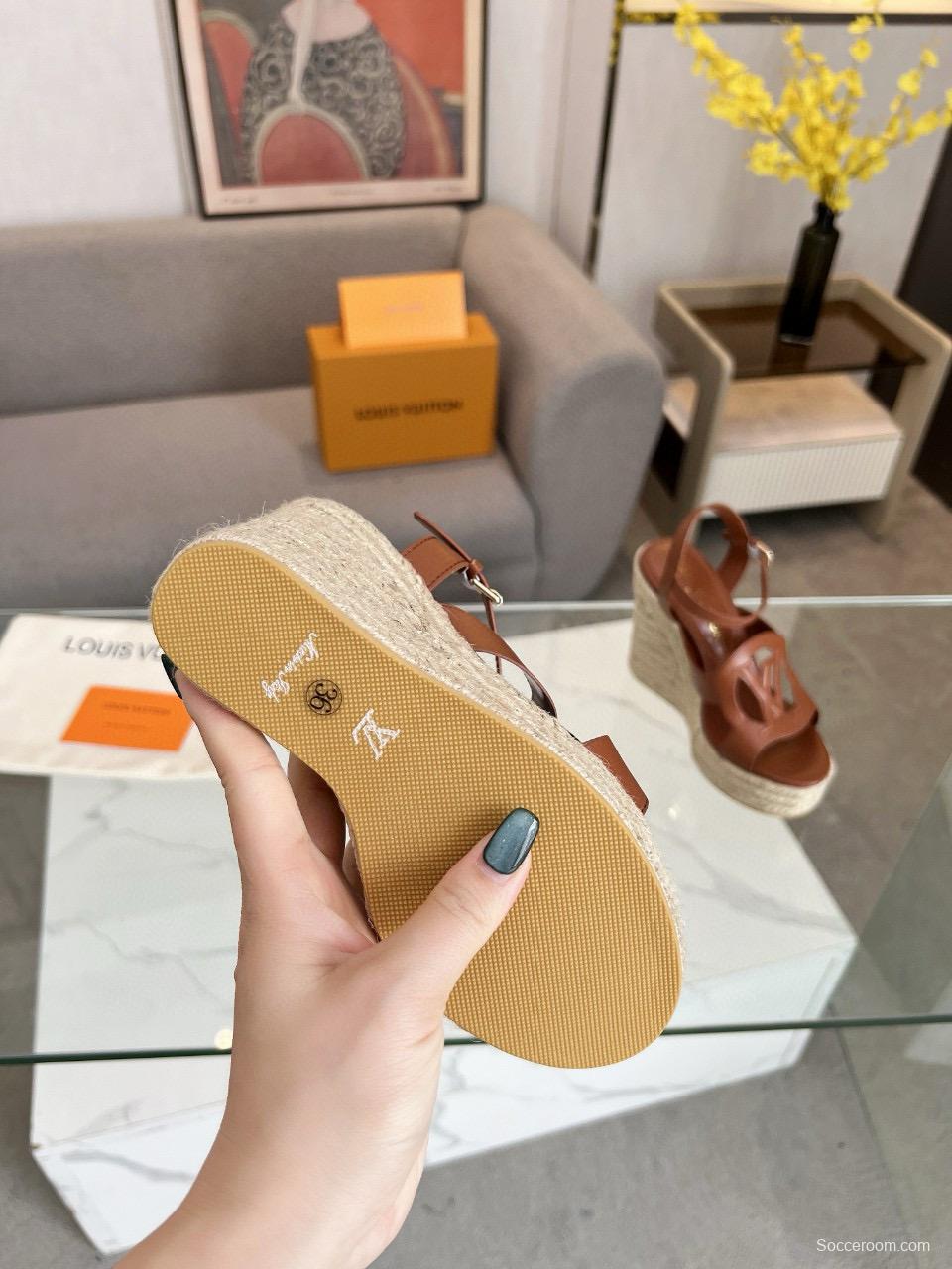 2025 Women Louis Vuitton Brown Leather Espadrilles Sandals MJ00280