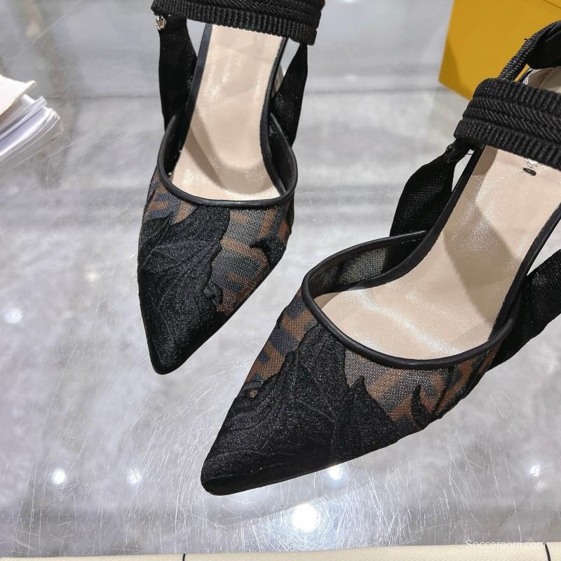 2025 Women Fendi Black Mesh Leather Heels MJ00280