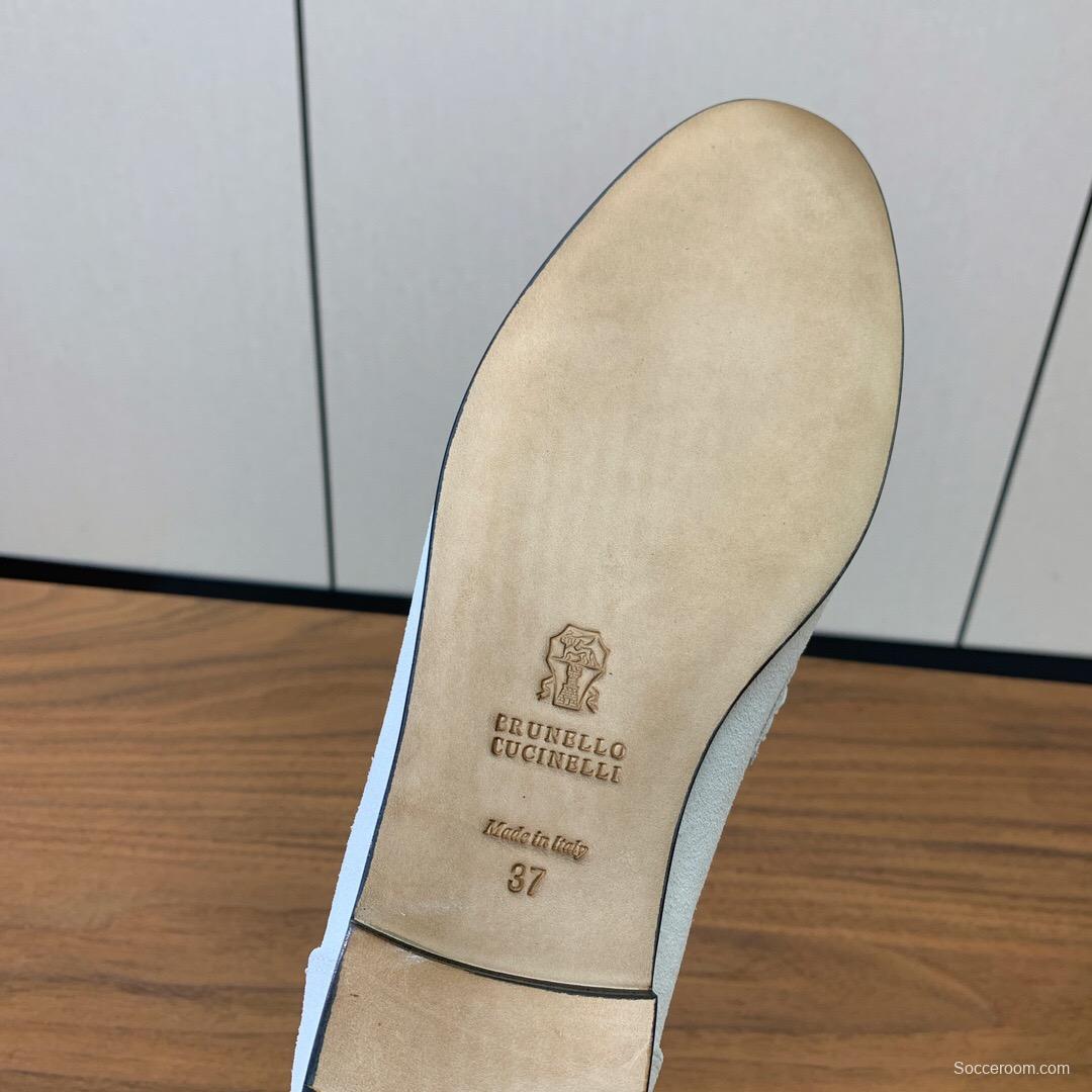 2025 Women Brunello Cucinelli White Suede Loafers Handcrafted Bead Chain Detail LY00360 (F)