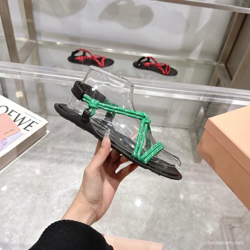 2025 Women Miu Miu Green Black Rope Leather Sandals