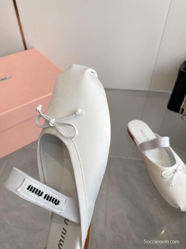 2025 Women Miumiu White Satin Ballet Flats Elastic Band KFY00280