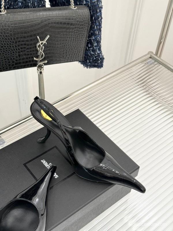 2025 Women YSL Black Patent Leather High Heel Slingback KFY00290
