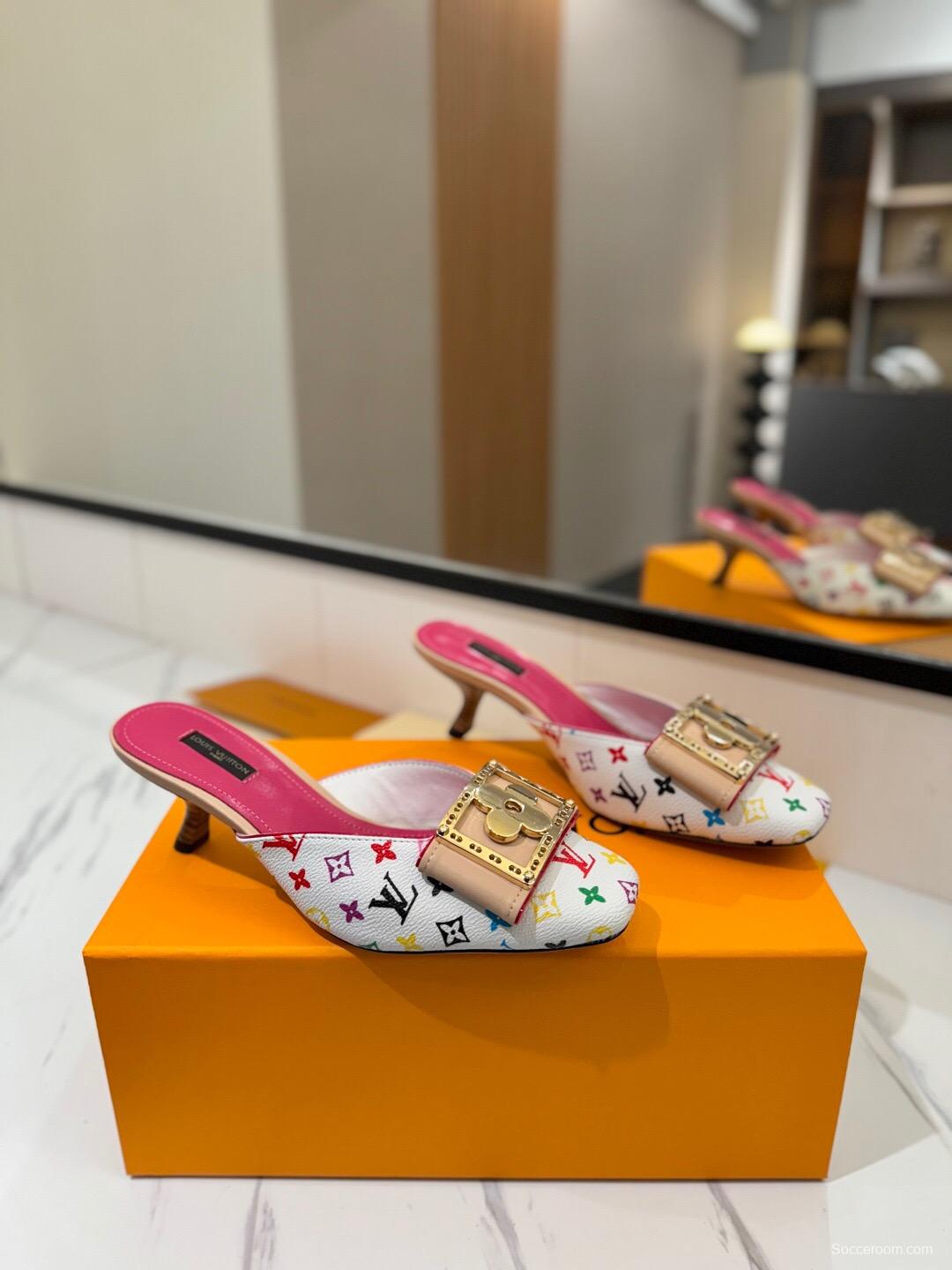 2025 Women Louis Vuitton White Pink Leather Mules