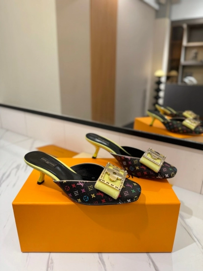 2025 Women Louis Vuitton Black Multicolor Canvas Leather Mules Buckle KFY00320
