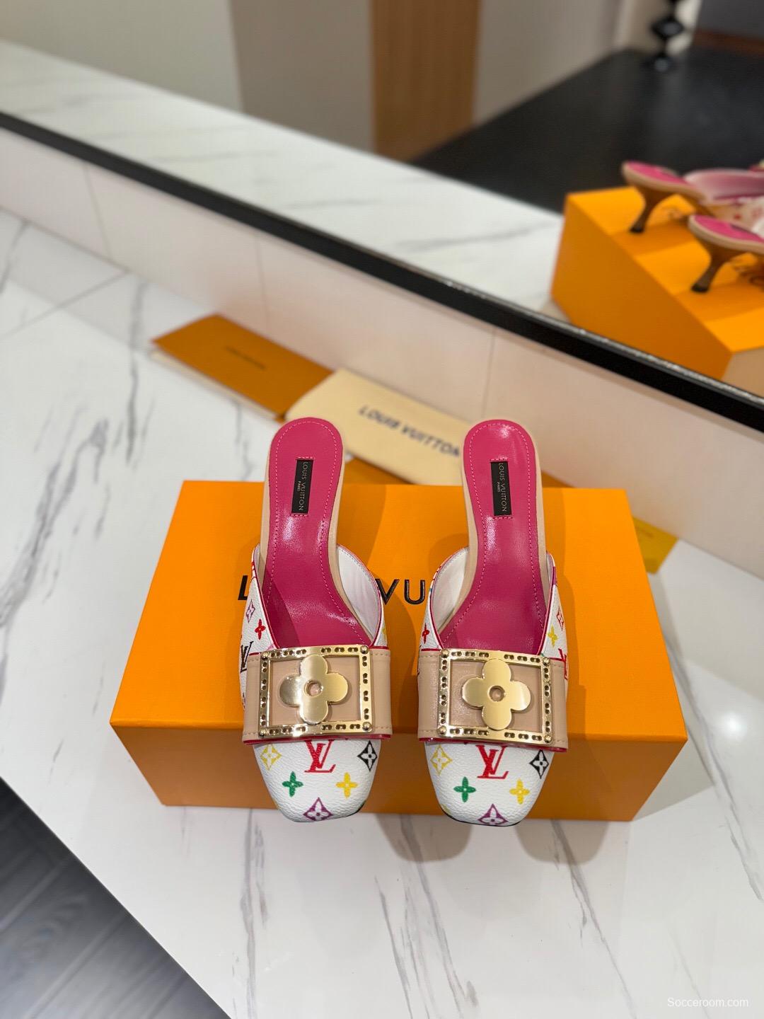2025 Women Louis Vuitton White Pink Leather Mules