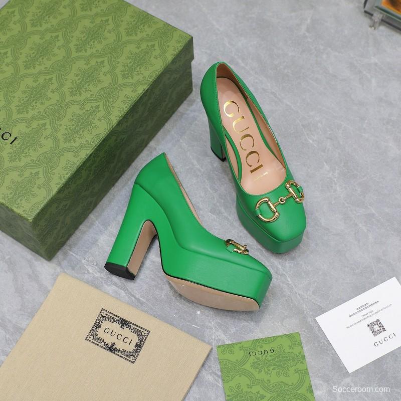 2025 Women Gucci Green Leather Platform Pumps KFY00320
