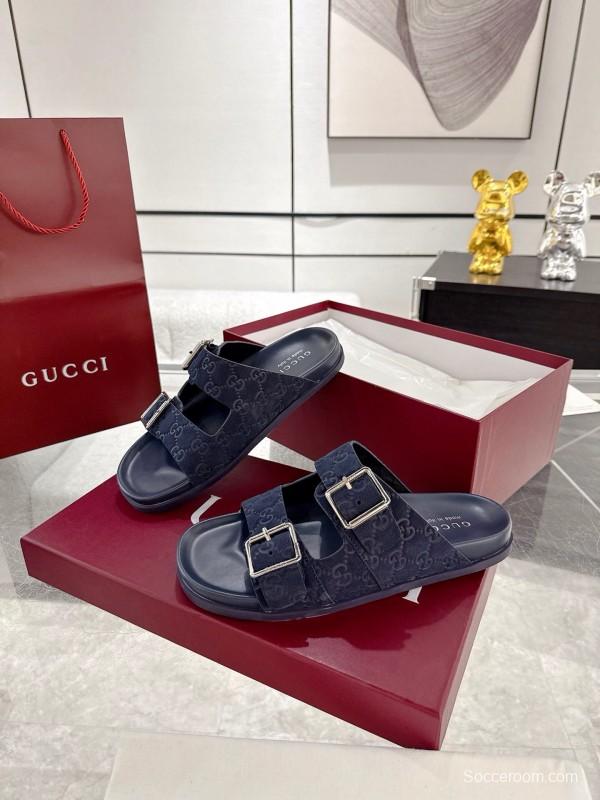 2025 Unisex Gucci Black Leather Fabric Slippers Double G Embossed AS00240
