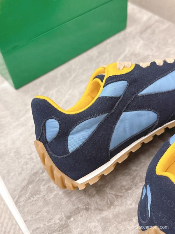 2025 Unisex Bottega Veneta Blue Yellow Nylon Suede Sneakers KFY00290