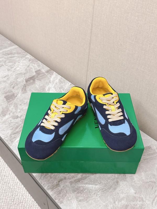 2025 Unisex Bottega Veneta Blue Yellow Nylon Suede Sneakers KFY00290
