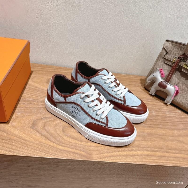 2025 Unisex H Brown Blue Leather Knit Sneakers AS00380