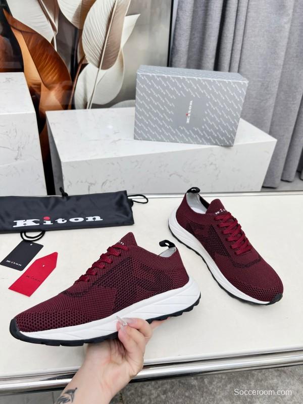 2025 Unisex Kiton Burgundy Knit Casual Sneakers Lightweight Rubber Sole AS00320