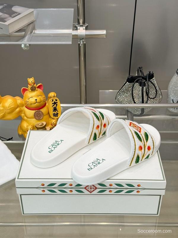 2025 Men CASA BLANCA White Green Red Embroidered Leather Slippers KFY00160