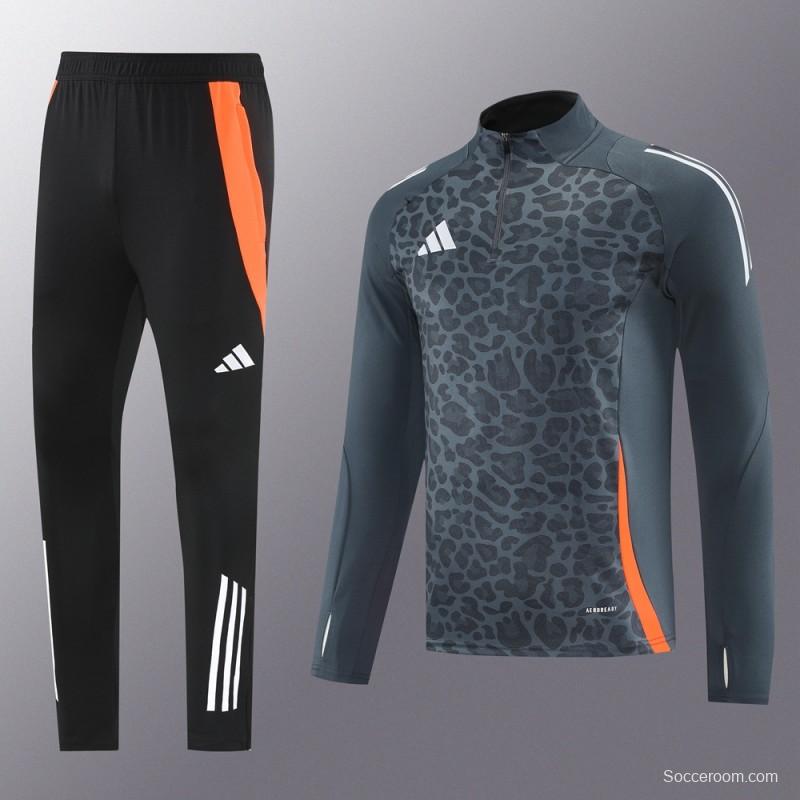2025 Adidas Dark Grey & Black with Leopard Print Pattern and Orange Accents Half Zipper Jacket +Long Pants