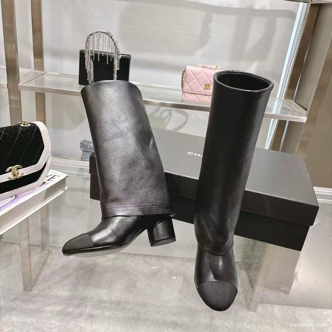 Chanel 2025/SS Autumn Winter Runway Turn-Cuff Block Heel Straight Tube Boots Classic Color Block - LY00510