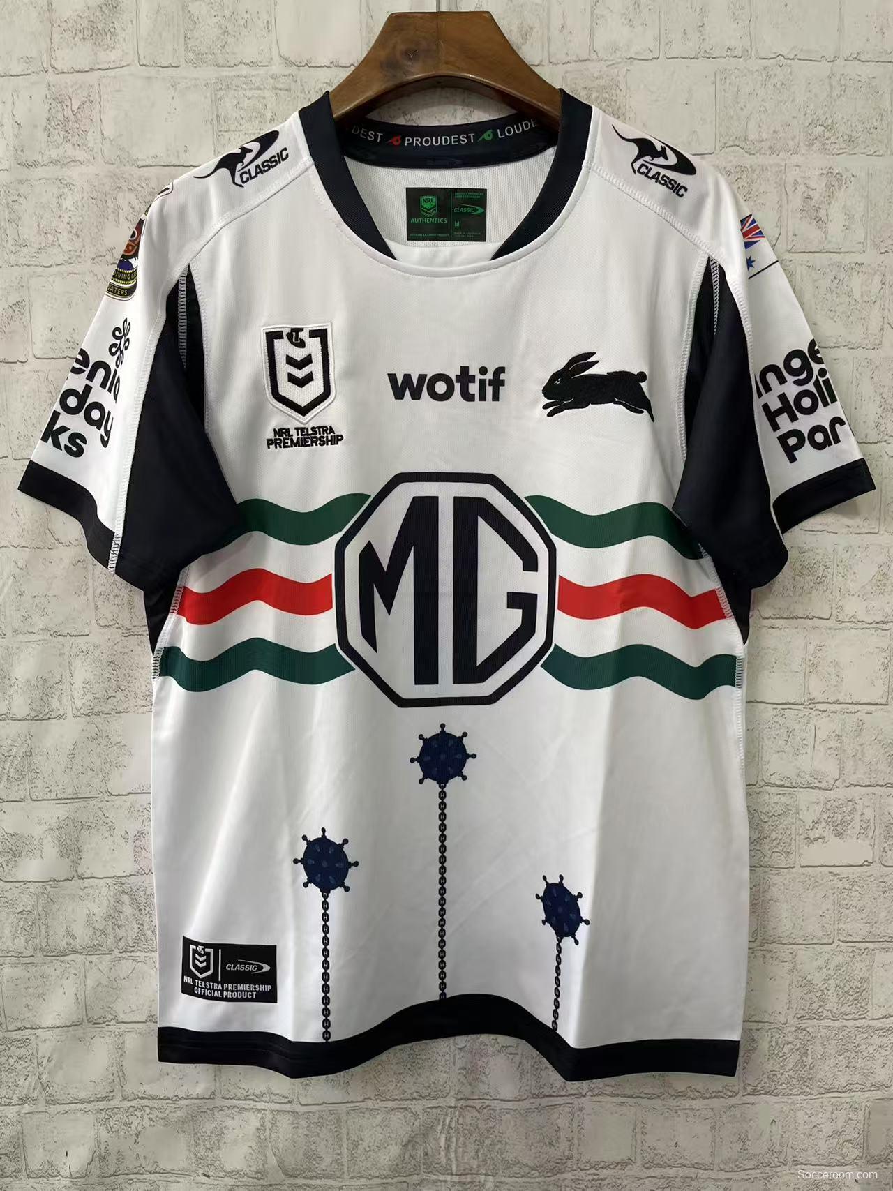 25/26 South Sydney Rabbitohs White with Green Red Stripes and Navy Mace Jersey