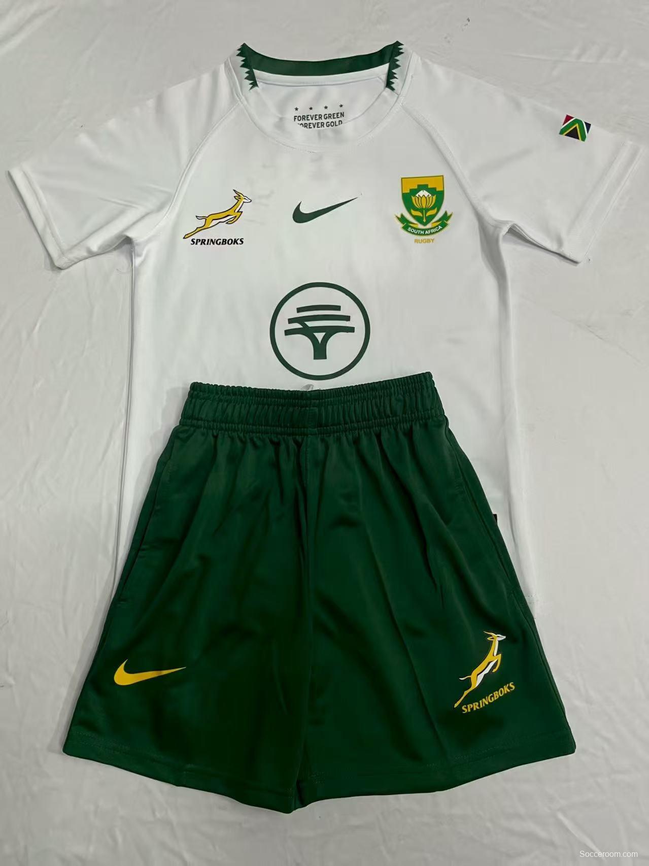 2026 Kids South Africa Away Springboks White with Green Trim Rugby Jersey