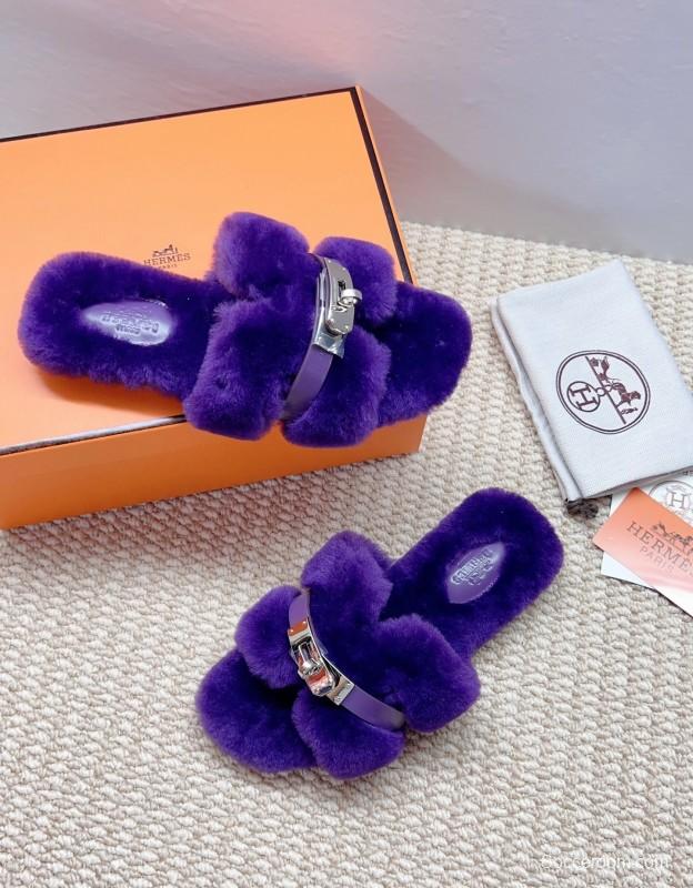 Hermès 2025/SS Teddy Wool H Slippers Flat Fur Slides - LY00260/230