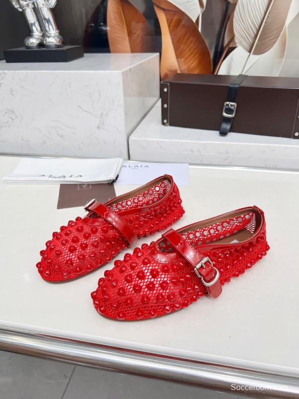 Alaia 2025/SS Beaded Openwork Ballet Dance Shoes with Mixed Lamb Leather Insole and 0.8CM Inner Height - LY00280